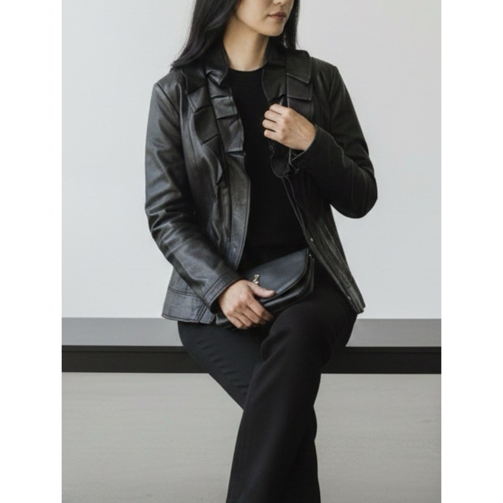 NWT Tahari Black Leather Jacket Ruffle Collar Moto Goth Coquette Whimsigoth XL - Picture 1 of 10